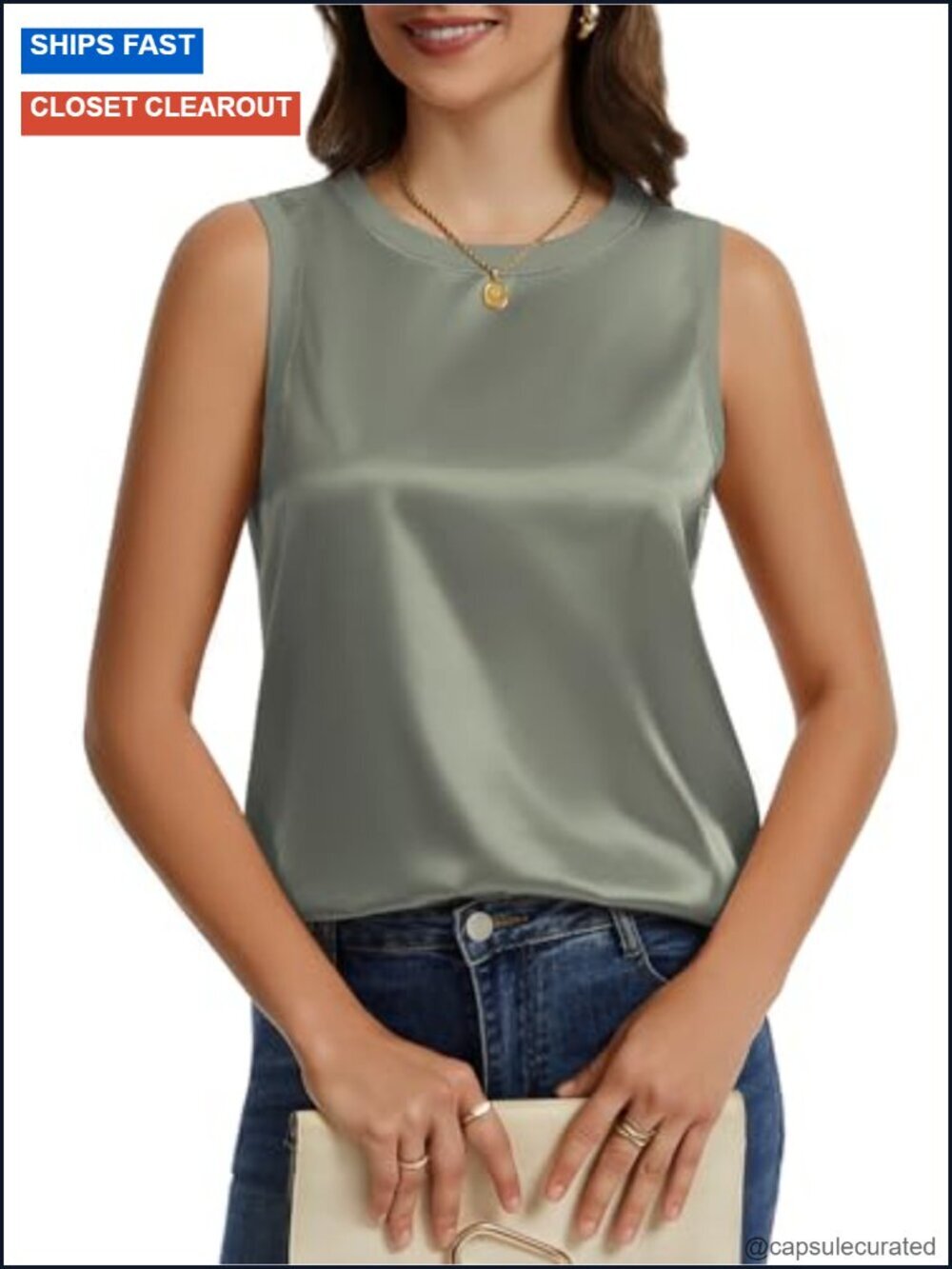 Satin Tank Top Crew Neck Sleeveless Casual Blouse Summer Basic Camisole